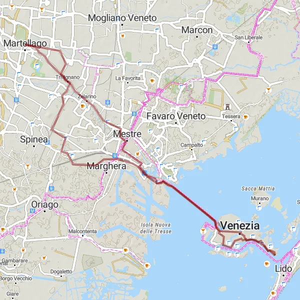 Mapa miniatúra "Gravelová trasa okolo Benátky" cyklistická inšpirácia v Veneto, Italy. Vygenerované cyklistickým plánovačom trás Tarmacs.app