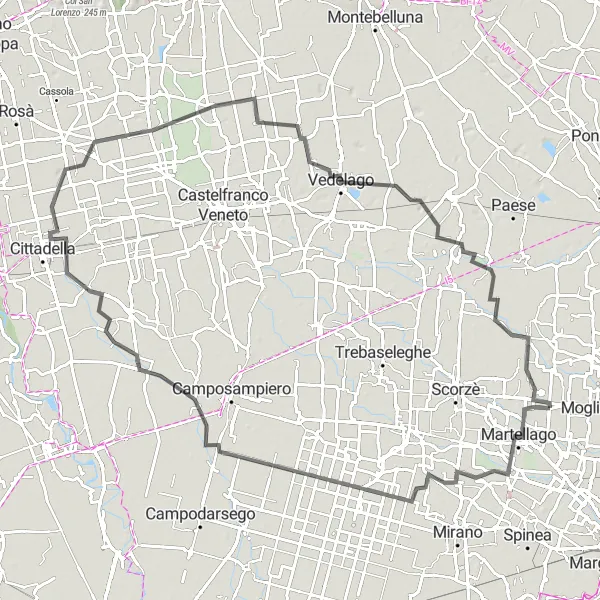 Miniatua del mapa de inspiración ciclista "Ruta por carretera de 100 km desde Martellago" en Veneto, Italy. Generado por Tarmacs.app planificador de rutas ciclistas