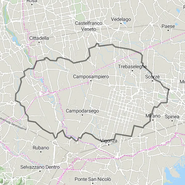Miniatura mapy "Trasa Road Mirano - Vigonza - Paleoalveo - Campodoro - Resana - Scorzè" - trasy rowerowej w Veneto, Italy. Wygenerowane przez planer tras rowerowych Tarmacs.app