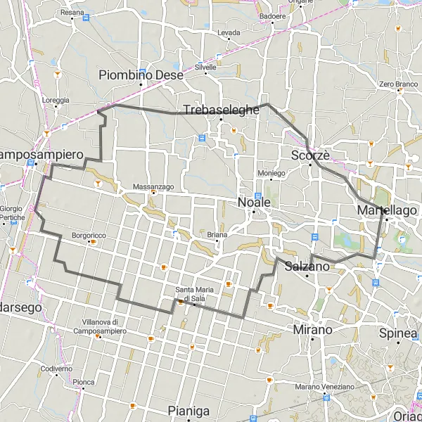 Mapa miniatúra "Jazda na cestnom bicykli - Salzano a späť" cyklistická inšpirácia v Veneto, Italy. Vygenerované cyklistickým plánovačom trás Tarmacs.app