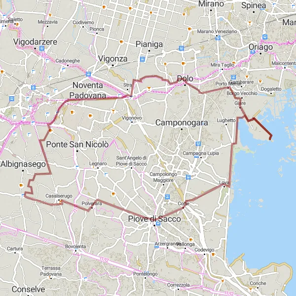 Miniatura della mappa di ispirazione al ciclismo "Gravel Route to Villa Rossi" nella regione di Veneto, Italy. Generata da Tarmacs.app, pianificatore di rotte ciclistiche