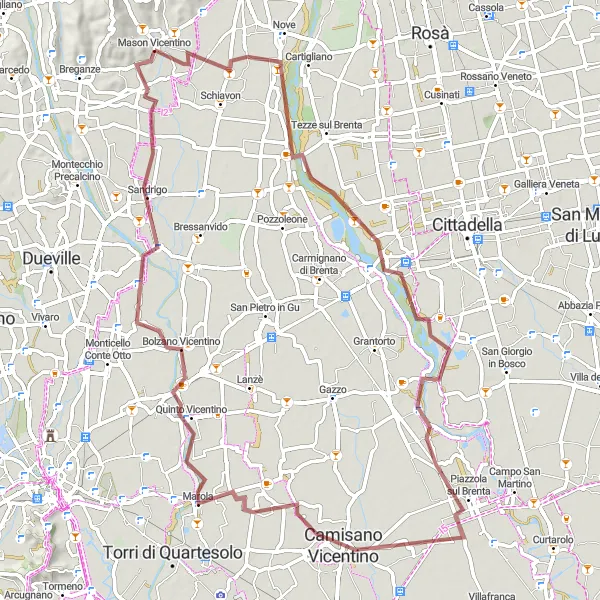 Mapa miniatúra "Gravelový výlet okolo Mason Vicentino" cyklistická inšpirácia v Veneto, Italy. Vygenerované cyklistickým plánovačom trás Tarmacs.app