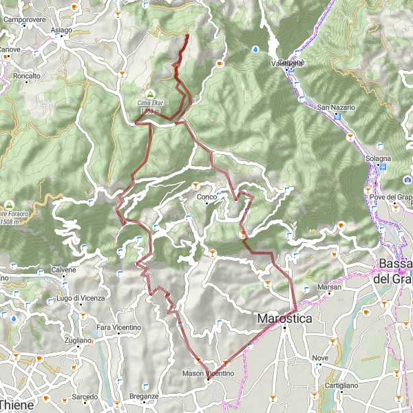 Miniatuurkaart van de fietsinspiratie "Avontuurlijke graveltocht door de bergen van Vicenza" in Veneto, Italy. Gemaakt door de Tarmacs.app fietsrouteplanner