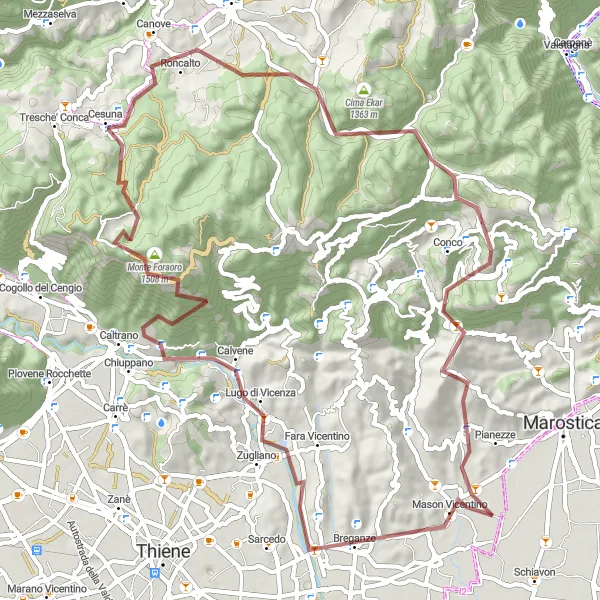 Miniaturekort af cykelinspirationen "Udfordrende grusvej cykeltur til Breganze, Monte Cucco og Monte Alto" i Veneto, Italy. Genereret af Tarmacs.app cykelruteplanlægger