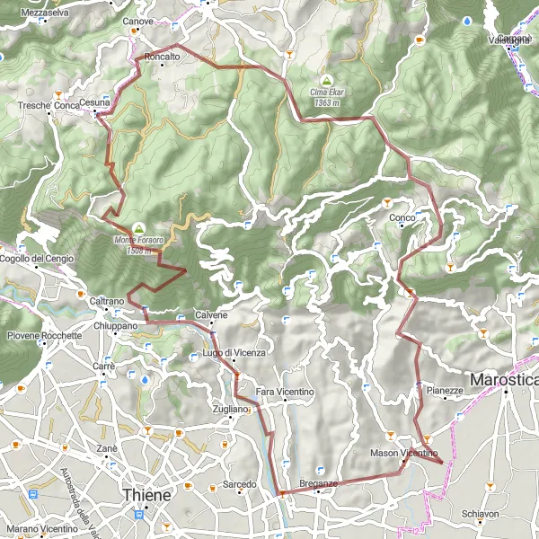 Karttaminiaatyyri "Breganze-Lugo di Vicenza-Monte Cucco-Cesuna-Monte Lemerle-Campomezzavia-La Montagnola-Monte Alto" pyöräilyinspiraatiosta alueella Veneto, Italy. Luotu Tarmacs.app pyöräilyreittisuunnittelijalla