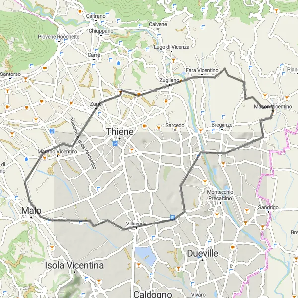 Miniatura della mappa di ispirazione al ciclismo "Montecio e Zugliano Road Loop" nella regione di Veneto, Italy. Generata da Tarmacs.app, pianificatore di rotte ciclistiche