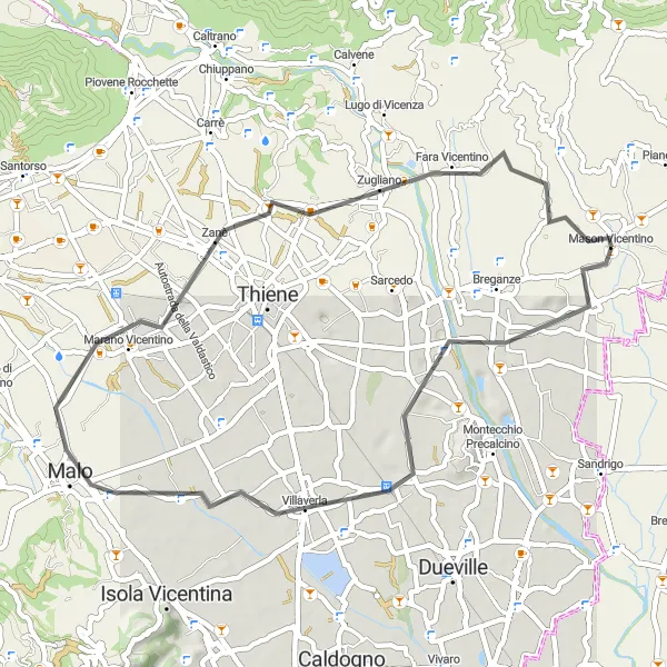 Miniatuurkaart van de fietsinspiratie "Montecio & Zugliano Wielrennen Route" in Veneto, Italy. Gemaakt door de Tarmacs.app fietsrouteplanner