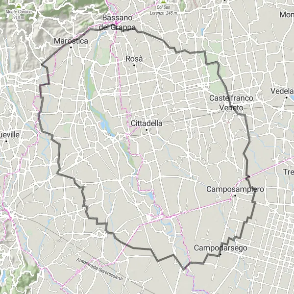 Miniature de la carte de l'inspiration cycliste "Aventure à travers les villes historiques" dans la Veneto, Italy. Générée par le planificateur d'itinéraire cycliste Tarmacs.app