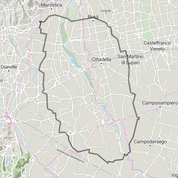 Map miniature of "Countryside Charm: Villa del Conte and Campodoro Loop" cycling inspiration in Veneto, Italy. Generated by Tarmacs.app cycling route planner