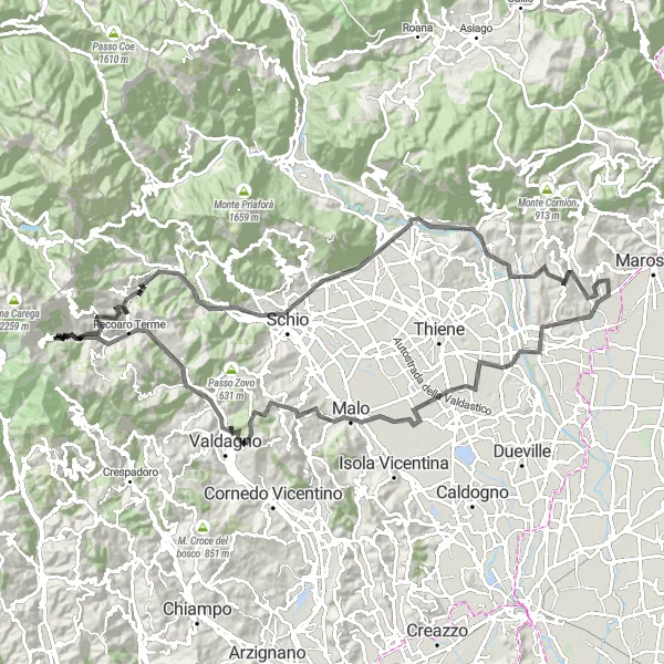 Map miniature of "Piccole Dolomiti Road Cycling" cycling inspiration in Veneto, Italy. Generated by Tarmacs.app cycling route planner