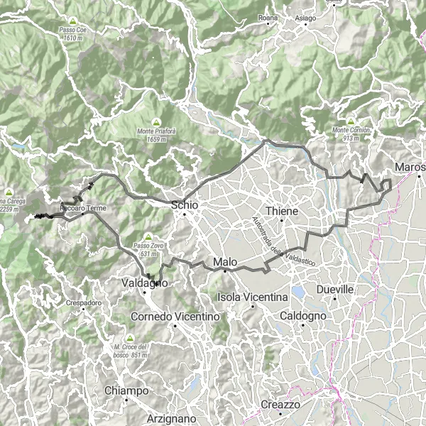 Karttaminiaatyyri "Mason Vicentino - Fara Vicentino" pyöräilyinspiraatiosta alueella Veneto, Italy. Luotu Tarmacs.app pyöräilyreittisuunnittelijalla