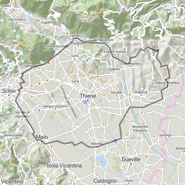 Map miniature of "Mason Vicentino - Montecio - San Vito di Leguzzano - Santorso - Monte Grumo Alto" cycling inspiration in Veneto, Italy. Generated by Tarmacs.app cycling route planner