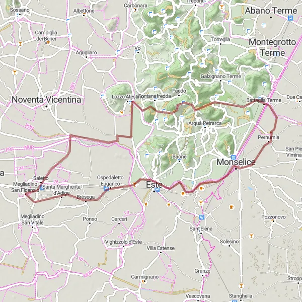 Zemljevid v pomanjšavi "Razgibana pot okoli Megliadino San Fidenzio (gravel)" kolesarske inspiracije v Veneto, Italy. Generirano z načrtovalcem kolesarskih poti Tarmacs.app