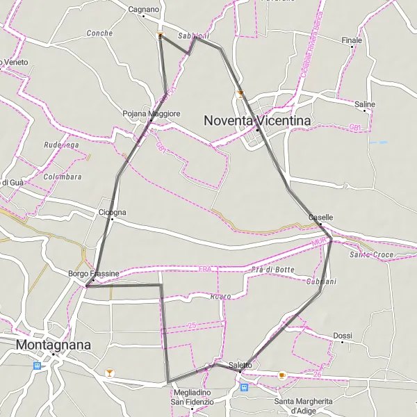Karttaminiaatyyri "Pojana Maggiore Scenic Route" pyöräilyinspiraatiosta alueella Veneto, Italy. Luotu Tarmacs.app pyöräilyreittisuunnittelijalla