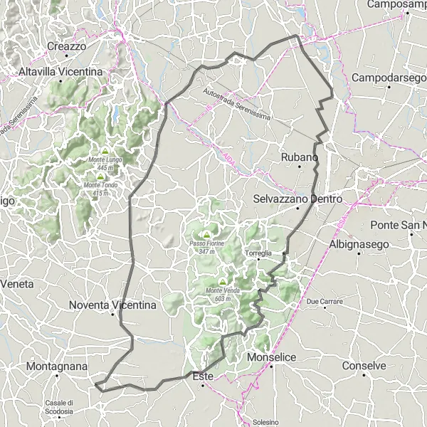 Zemljevid v pomanjšavi "Kolesarska tura okoli Megliadino San Fidenzio - Dolga pot" kolesarske inspiracije v Veneto, Italy. Generirano z načrtovalcem kolesarskih poti Tarmacs.app