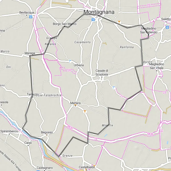 Zemljevid v pomanjšavi "Kolesarska tura okoli Megliadino San Fidenzio - Kraška avantura" kolesarske inspiracije v Veneto, Italy. Generirano z načrtovalcem kolesarskih poti Tarmacs.app