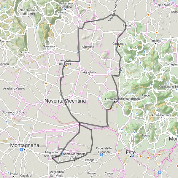 Miniatura della mappa di ispirazione al ciclismo "Tour ciclistico da Noventa Vicentina a Vo' e Monte Lozzo" nella regione di Veneto, Italy. Generata da Tarmacs.app, pianificatore di rotte ciclistiche