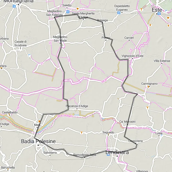 Karten-Miniaturansicht der Radinspiration "Rundweg von Megliadino San Fidenzio nach Ponso" in Veneto, Italy. Erstellt vom Tarmacs.app-Routenplaner für Radtouren