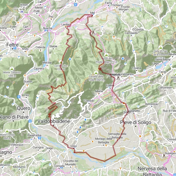 Miniaturní mapa "Gravel Trasa okolo Mel" inspirace pro cyklisty v oblasti Veneto, Italy. Vytvořeno pomocí plánovače tras Tarmacs.app