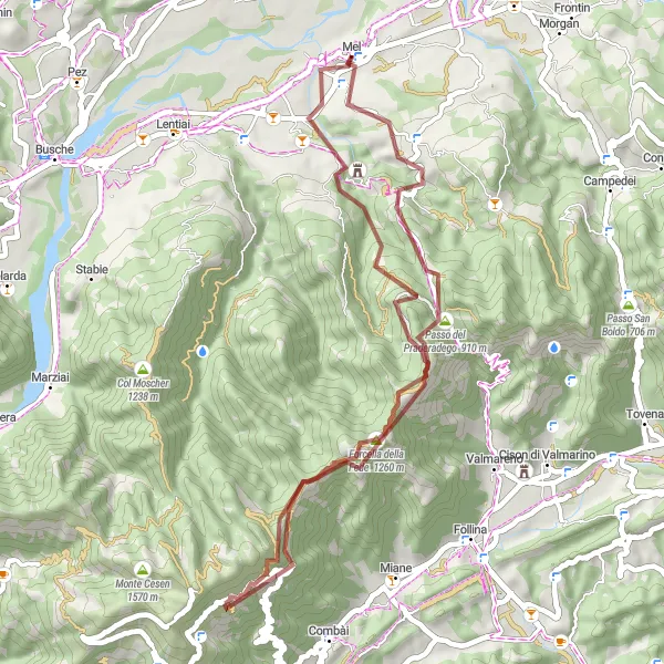 Miniatua del mapa de inspiración ciclista "Ruta de Villa di Villa a Mel" en Veneto, Italy. Generado por Tarmacs.app planificador de rutas ciclistas