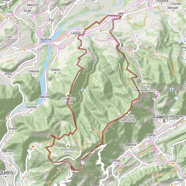 Zemljevid v pomanjšavi "Gravel Expedition to Col Moscher" kolesarske inspiracije v Veneto, Italy. Generirano z načrtovalcem kolesarskih poti Tarmacs.app