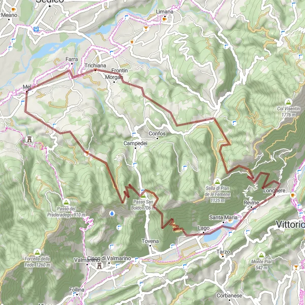 Zemljevid v pomanjšavi "Gravel avantura z razgledi" kolesarske inspiracije v Veneto, Italy. Generirano z načrtovalcem kolesarskih poti Tarmacs.app
