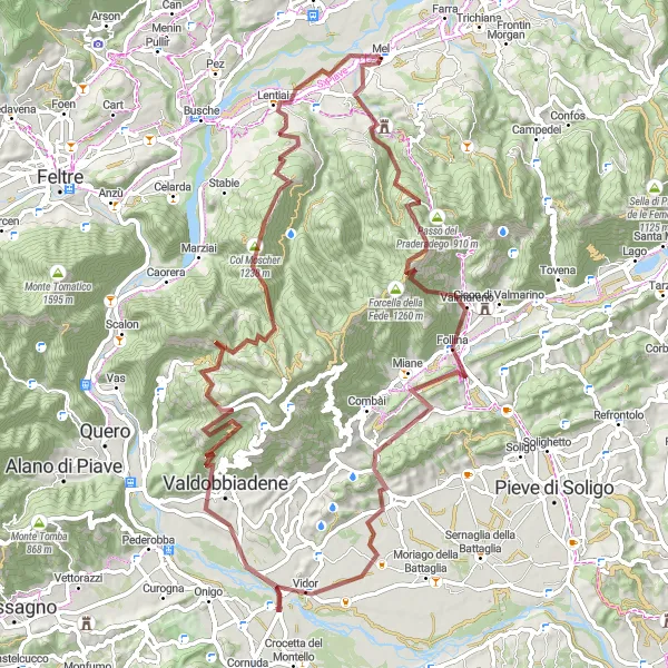 Miniaturní mapa "Náročná cyklotrasa okolo Mel" inspirace pro cyklisty v oblasti Veneto, Italy. Vytvořeno pomocí plánovače tras Tarmacs.app
