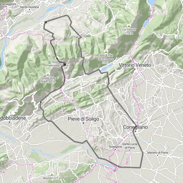 Miniatua del mapa de inspiración ciclista "Ruta en carretera a Conegliano y Miane" en Veneto, Italy. Generado por Tarmacs.app planificador de rutas ciclistas