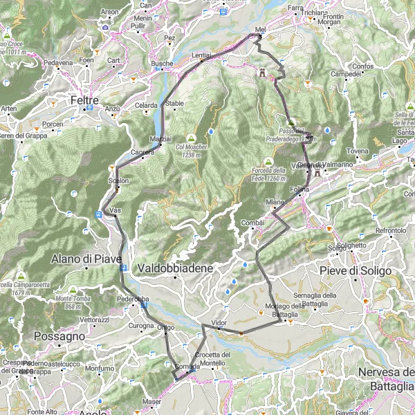 Miniaturní mapa "Road Trasa okolo Mel" inspirace pro cyklisty v oblasti Veneto, Italy. Vytvořeno pomocí plánovače tras Tarmacs.app