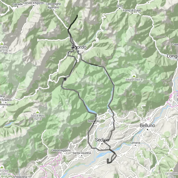 Map miniature of "The Challenge of Sospirolo and Col di Frare" cycling inspiration in Veneto, Italy. Generated by Tarmacs.app cycling route planner