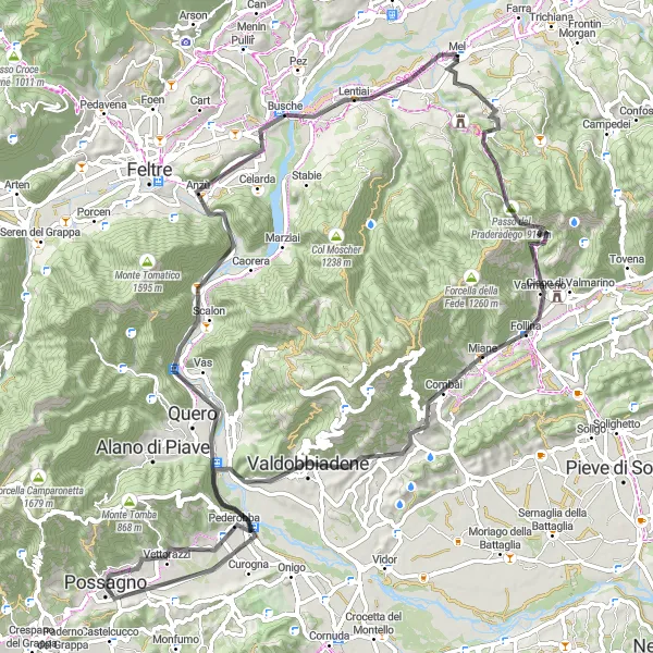 Zemljevid v pomanjšavi "Mel - Monte la Castella" kolesarske inspiracije v Veneto, Italy. Generirano z načrtovalcem kolesarskih poti Tarmacs.app