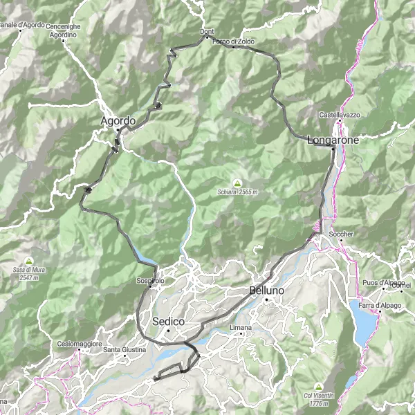 Miniatua del mapa de inspiración ciclista "Ruta en carretera a Belluno y Passo Duran" en Veneto, Italy. Generado por Tarmacs.app planificador de rutas ciclistas