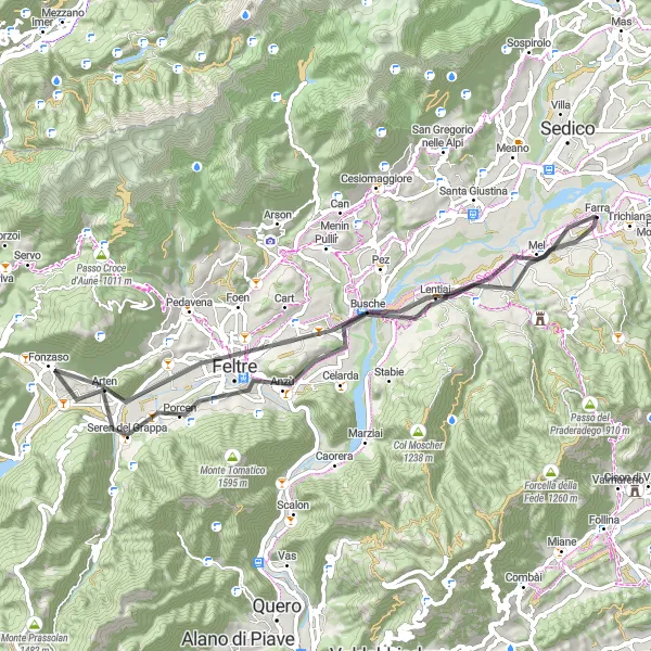 Map miniature of "Feltre Circuit" cycling inspiration in Veneto, Italy. Generated by Tarmacs.app cycling route planner