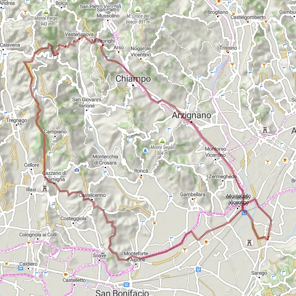 Miniatura mapy "Szlak rowerowy przez górzyste tereny w okolicach Meledo" - trasy rowerowej w Veneto, Italy. Wygenerowane przez planer tras rowerowych Tarmacs.app