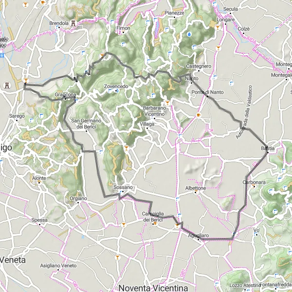 Miniatura mapy "Wędrówka po wzgórzach Berici" - trasy rowerowej w Veneto, Italy. Wygenerowane przez planer tras rowerowych Tarmacs.app
