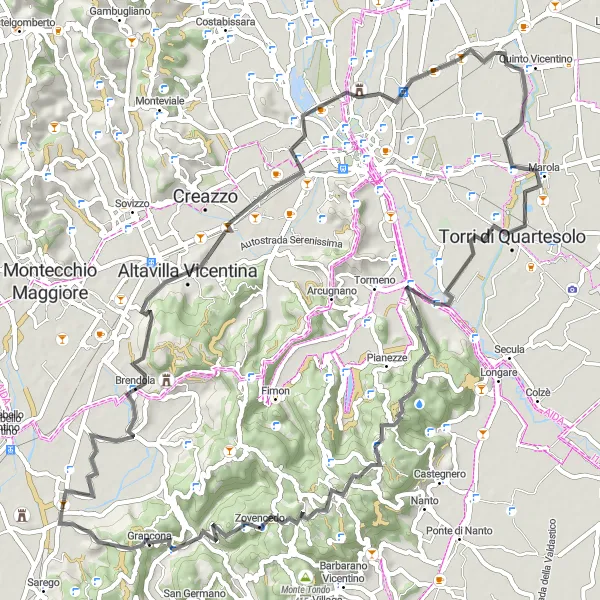 Miniatura mapy "Trasa przez wzgórza Vicenza" - trasy rowerowej w Veneto, Italy. Wygenerowane przez planer tras rowerowych Tarmacs.app