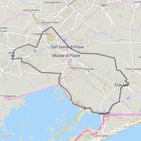 Map miniature of "The Coastal Escape" cycling inspiration in Veneto, Italy. Generated by Tarmacs.app cycling route planner