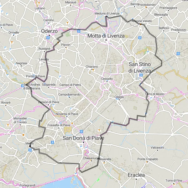 Miniatuurkaart van de fietsinspiratie "Verken het landelijke Veneto op de fiets van Ponte di Piave naar Meolo" in Veneto, Italy. Gemaakt door de Tarmacs.app fietsrouteplanner
