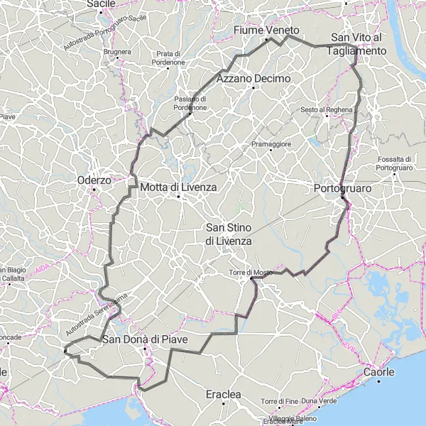 Map miniature of "Venetian Countryside Escape" cycling inspiration in Veneto, Italy. Generated by Tarmacs.app cycling route planner