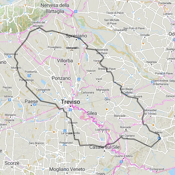 Kartminiatyr av "Malerisk Road Route fra Meolo" sykkelinspirasjon i Veneto, Italy. Generert av Tarmacs.app sykkelrutoplanlegger