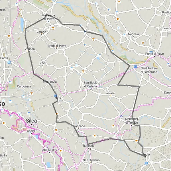 Miniatua del mapa de inspiración ciclista "Ruta por carretera desde Meolo a Vallio" en Veneto, Italy. Generado por Tarmacs.app planificador de rutas ciclistas