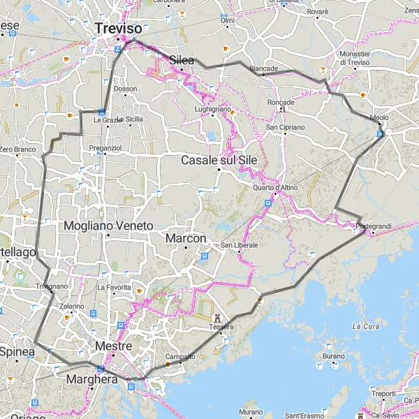 Zemljevid v pomanjšavi "Raznolika kolesarska tura" kolesarske inspiracije v Veneto, Italy. Generirano z načrtovalcem kolesarskih poti Tarmacs.app