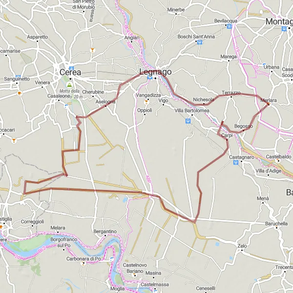 Miniatua del mapa de inspiración ciclista "Ruta por los viñedos y paisajes de Merlara" en Veneto, Italy. Generado por Tarmacs.app planificador de rutas ciclistas