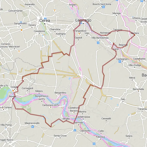 Mapa miniatúra "Gravelová trasa cez Ostiglia a Legnago" cyklistická inšpirácia v Veneto, Italy. Vygenerované cyklistickým plánovačom trás Tarmacs.app