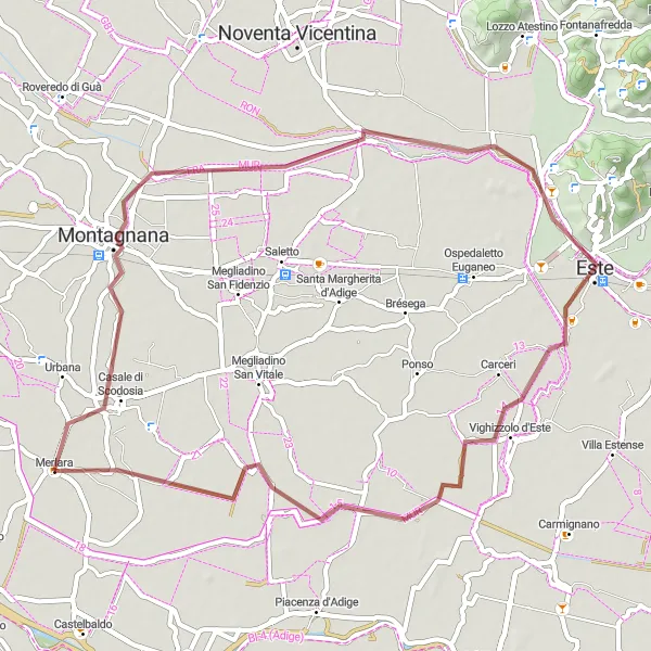 Miniatura della mappa di ispirazione al ciclismo "Tour di 54 km da Merlara a Montagnana" nella regione di Veneto, Italy. Generata da Tarmacs.app, pianificatore di rotte ciclistiche