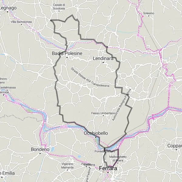 Miniature de la carte de l'inspiration cycliste "Aventure cycliste entre Merlara et Gaiba" dans la Veneto, Italy. Générée par le planificateur d'itinéraire cycliste Tarmacs.app
