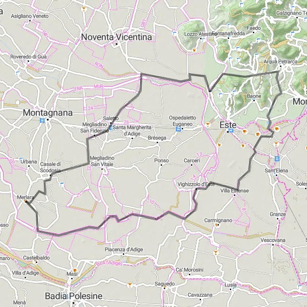 Zemljevid v pomanjšavi "Kolesarska pot preko veličastnih gričev v bližini Merlare" kolesarske inspiracije v Veneto, Italy. Generirano z načrtovalcem kolesarskih poti Tarmacs.app