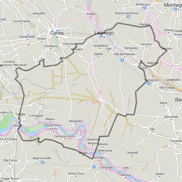 Zemljevid v pomanjšavi "Razgibana kolesarska pot s številnimi presenečenji v bližini Merlare" kolesarske inspiracije v Veneto, Italy. Generirano z načrtovalcem kolesarskih poti Tarmacs.app