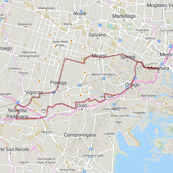 Zemljevid v pomanjšavi "Sproščujoča kolesarska pot od Mestreja do Mirana" kolesarske inspiracije v Veneto, Italy. Generirano z načrtovalcem kolesarskih poti Tarmacs.app
