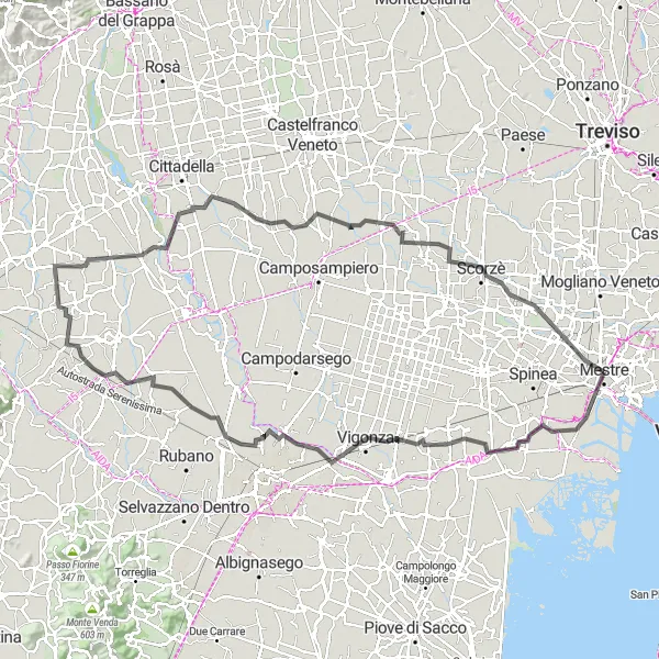 Miniaturní mapa "Okruh kolem Mestre" inspirace pro cyklisty v oblasti Veneto, Italy. Vytvořeno pomocí plánovače tras Tarmacs.app